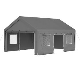 13x20 Ft Heavy Duty Carport Car Canopy Car Boat Shelter With Roll Up Doors & Windows And Removable Sidewalls (Color: grey)